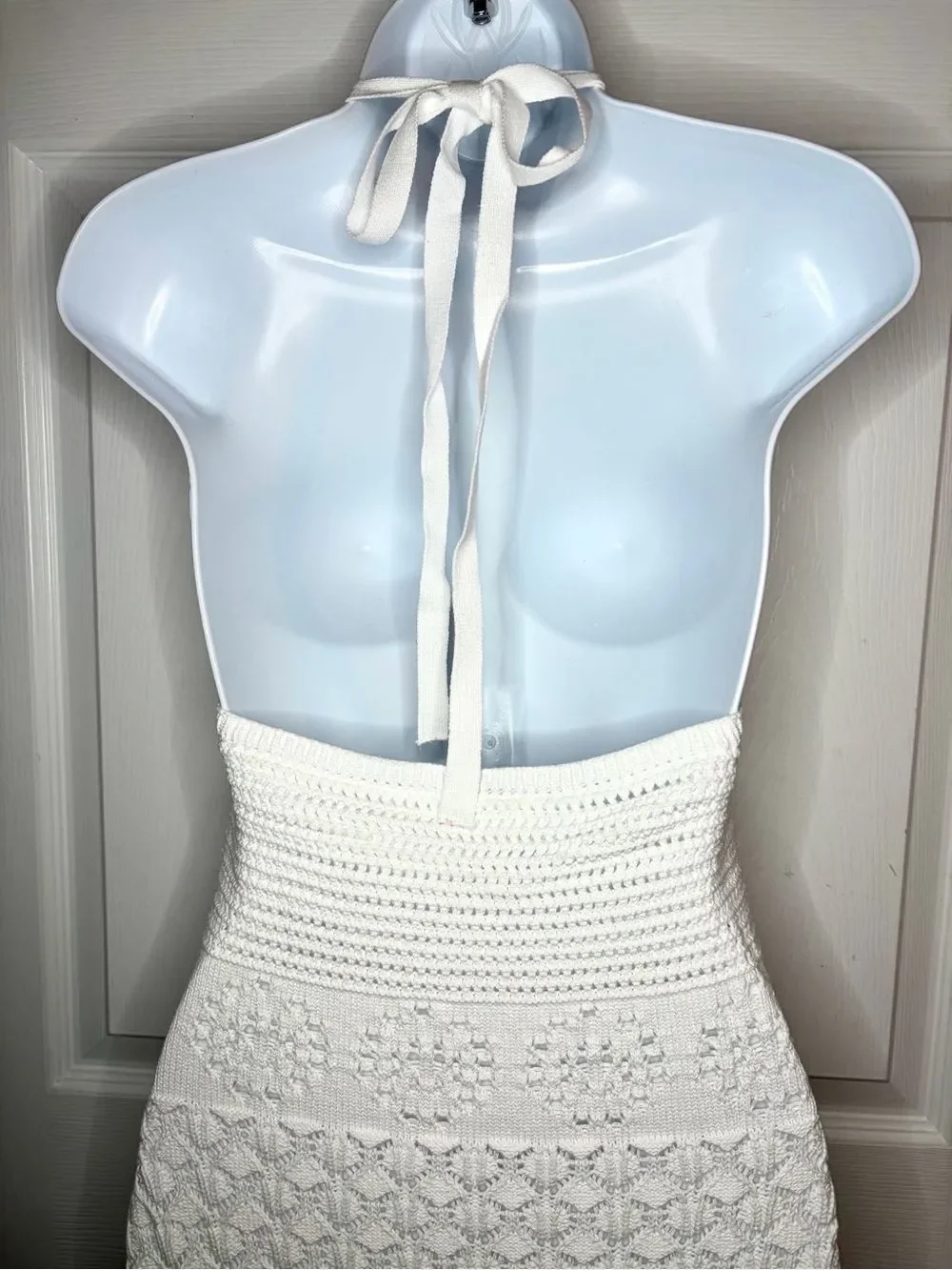 Frye Textured Knit Bright White Crochet Halter Midi Dress Sweater Dress M NWT